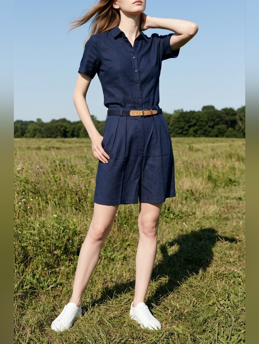 NWT VINTAGE Claude High-Waist Navy Pleated Bermuda Shorts with Belt Sz 13/14